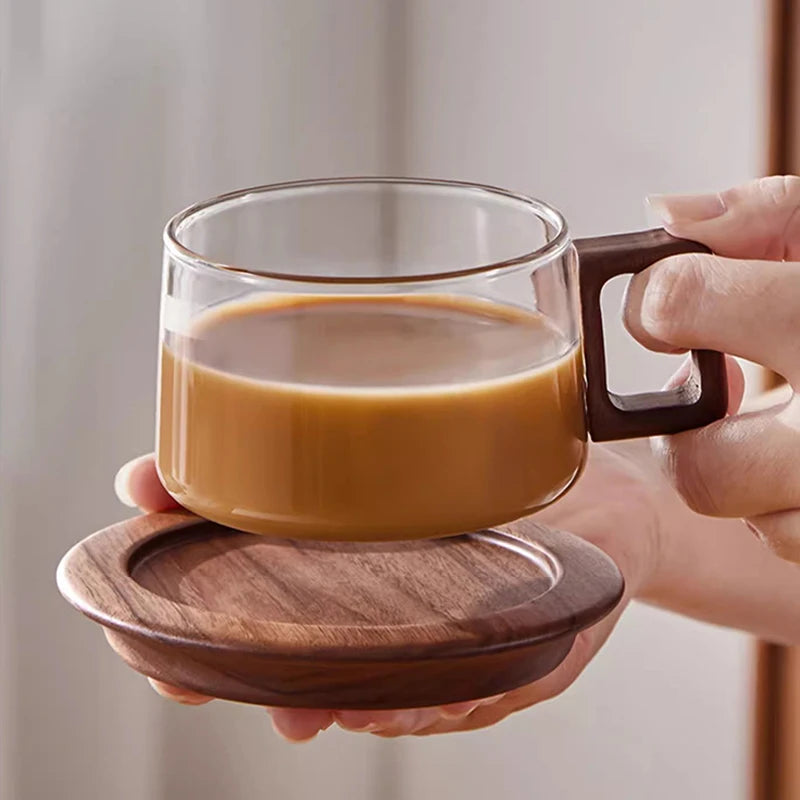 Wood Handle Coffee Mug With Spoon 200ml Glass Espresso Cup With Coaster Home Milk Teacup Ground Latte Cup With Saucer Set