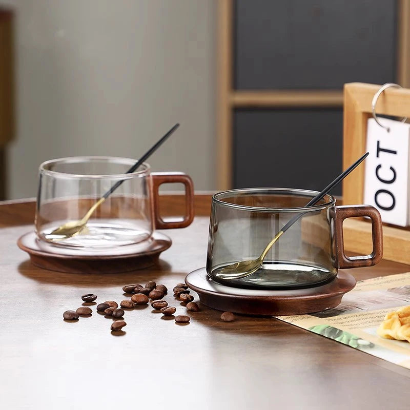Wood Handle Coffee Mug With Spoon 200ml Glass Espresso Cup With Coaster Home Milk Teacup Ground Latte Cup With Saucer Set