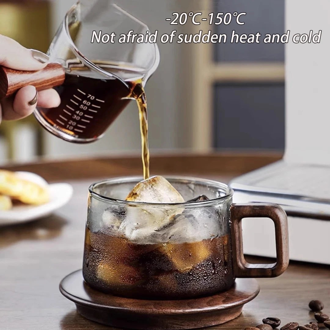 Wood Handle Coffee Mug With Spoon 200ml Glass Espresso Cup With Coaster Home Milk Teacup Ground Latte Cup With Saucer Set